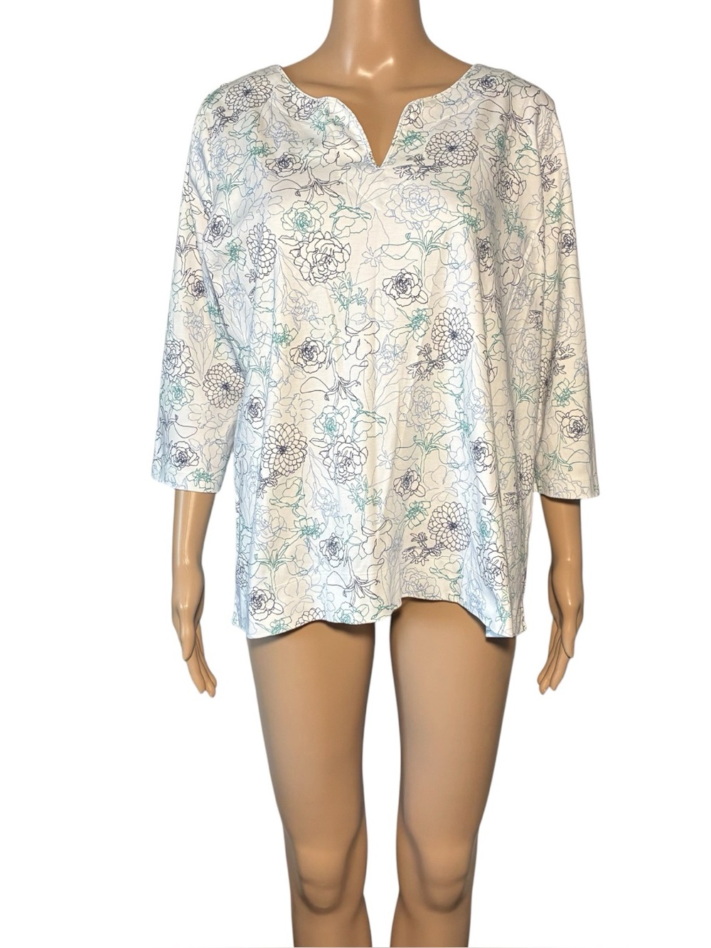 L.L. Bean Women's Tunic Blouse 1X 100% Supima Cotton Pullover 3/4 Sleeve Floral